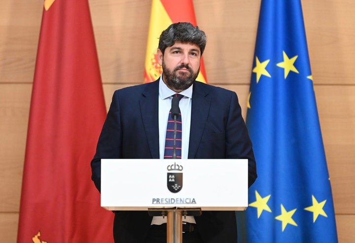 El presidente de la comunidad, Fernando López Miras, during his appearance to inform the position of the regional government before the bilateral agreement for the singular financing of Catalonia ...
