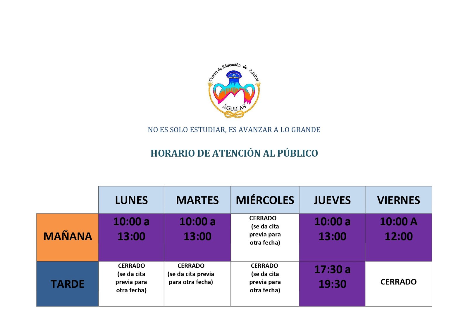 Nuevo horario de atención del Centro de Educación de Adultos